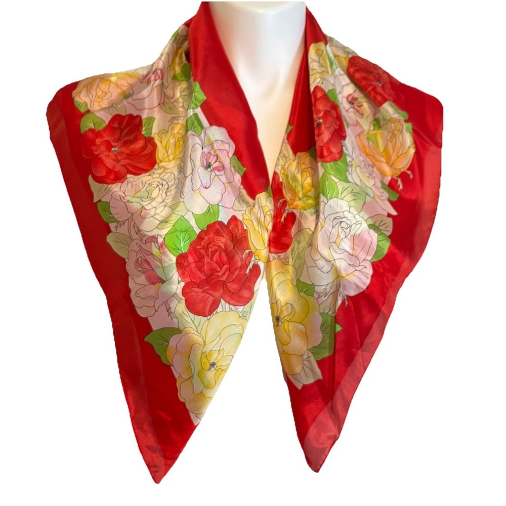 Vtg Worthington Tomato Red Floral Silk Scarf Square Classic Elegant Feminine NOS